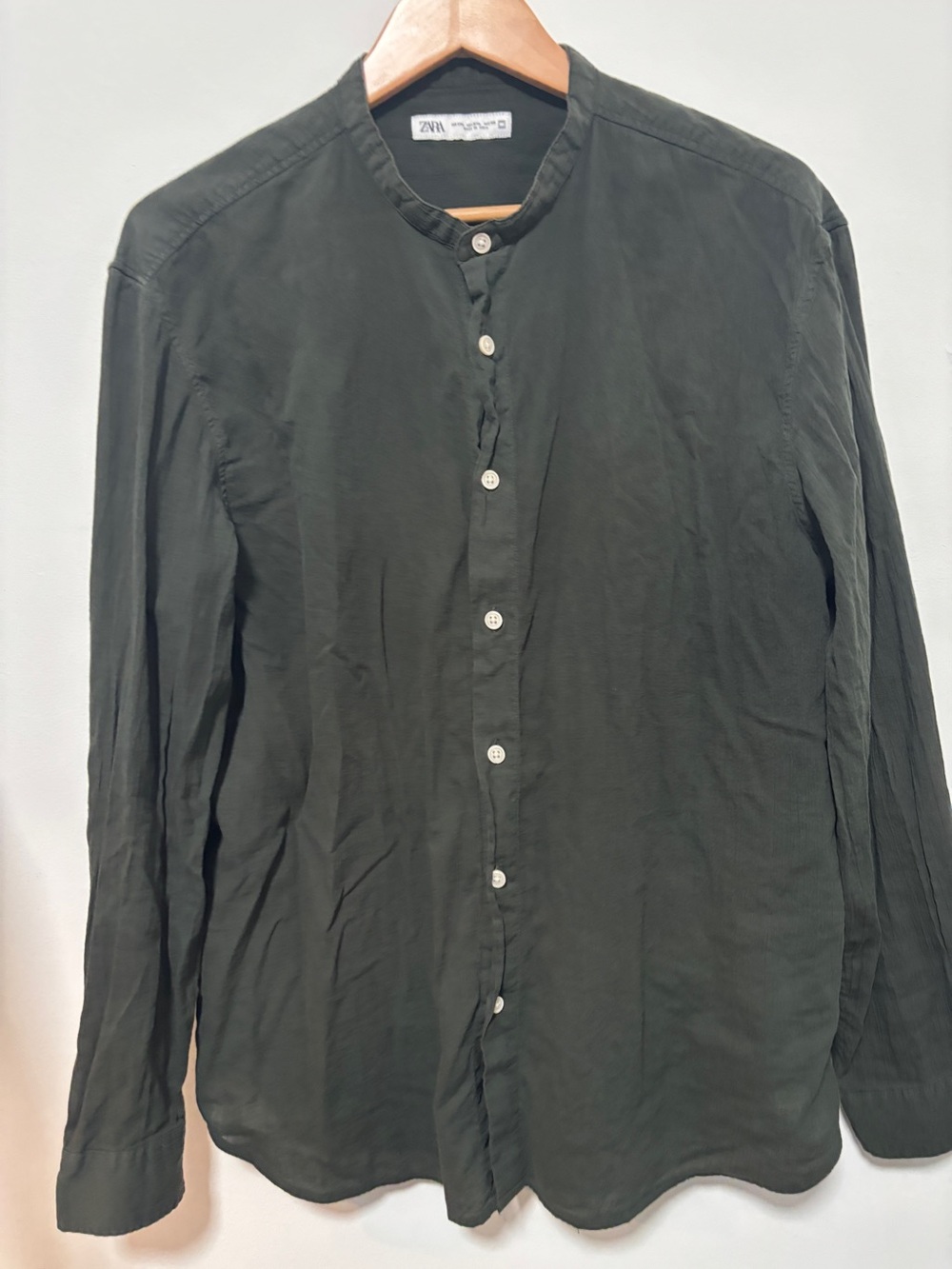ZARA Green Mandarin Collar Lightweight Cotton Wrinkled Mens Shirt XXL